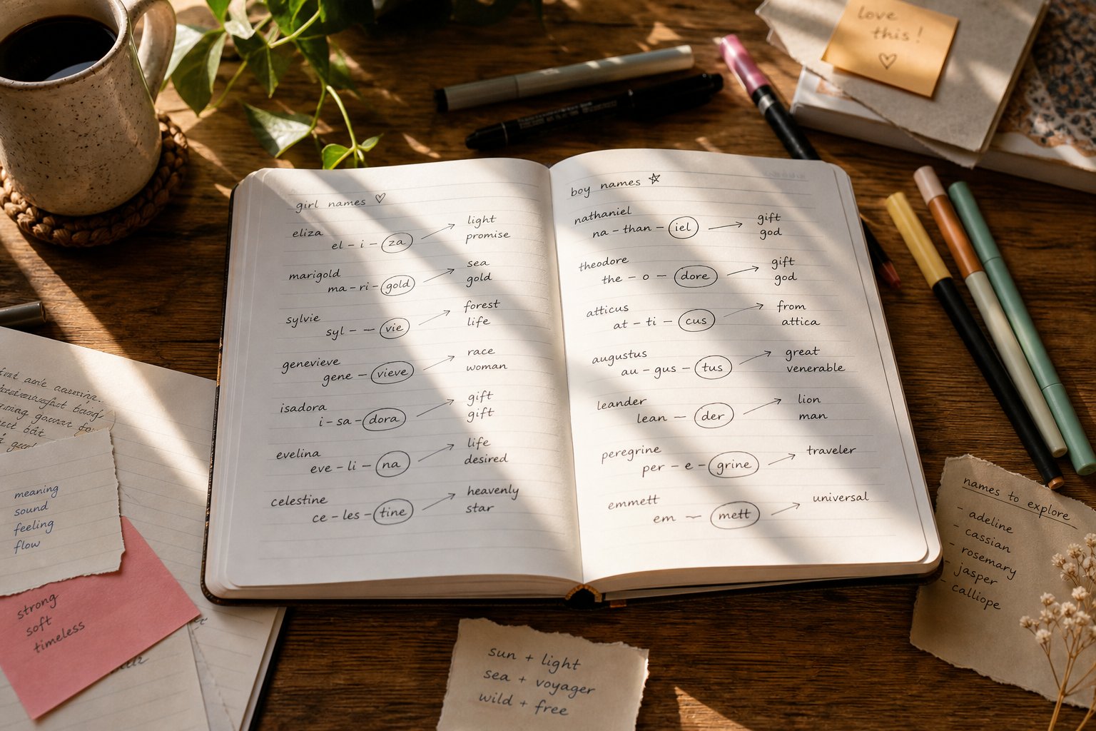 a handwritten notebook showing the manual process of breaking names into syllables for blending