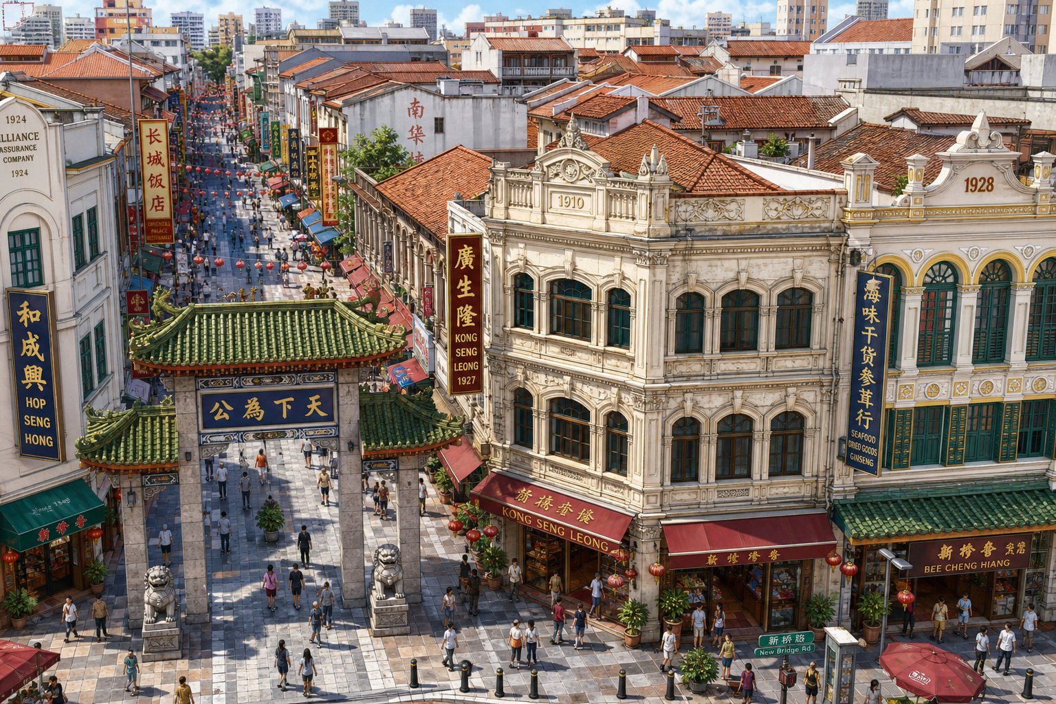 a historic chinatown streetscape where clan associations served as community anchors for generations