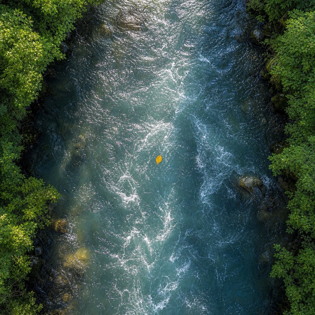 a leaf flowing with a river current symbolizing follow pattern charts where yielding to dominant forces brings harmony