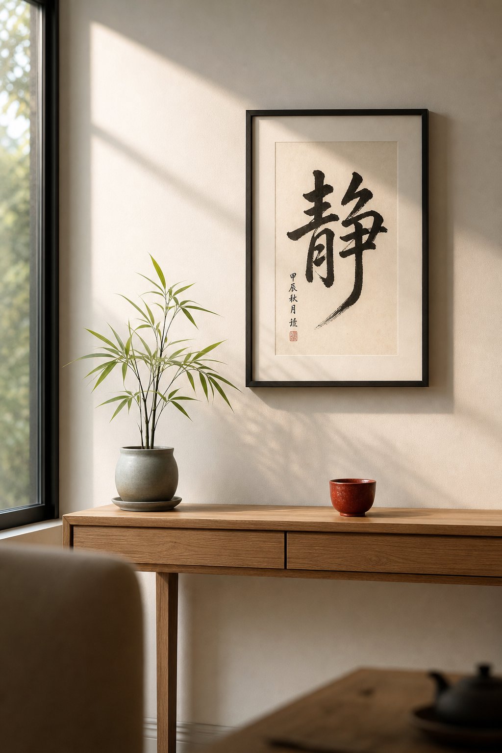 a lucky character calligraphy display in a modern home positioned according to feng shui principles for daily energy activation