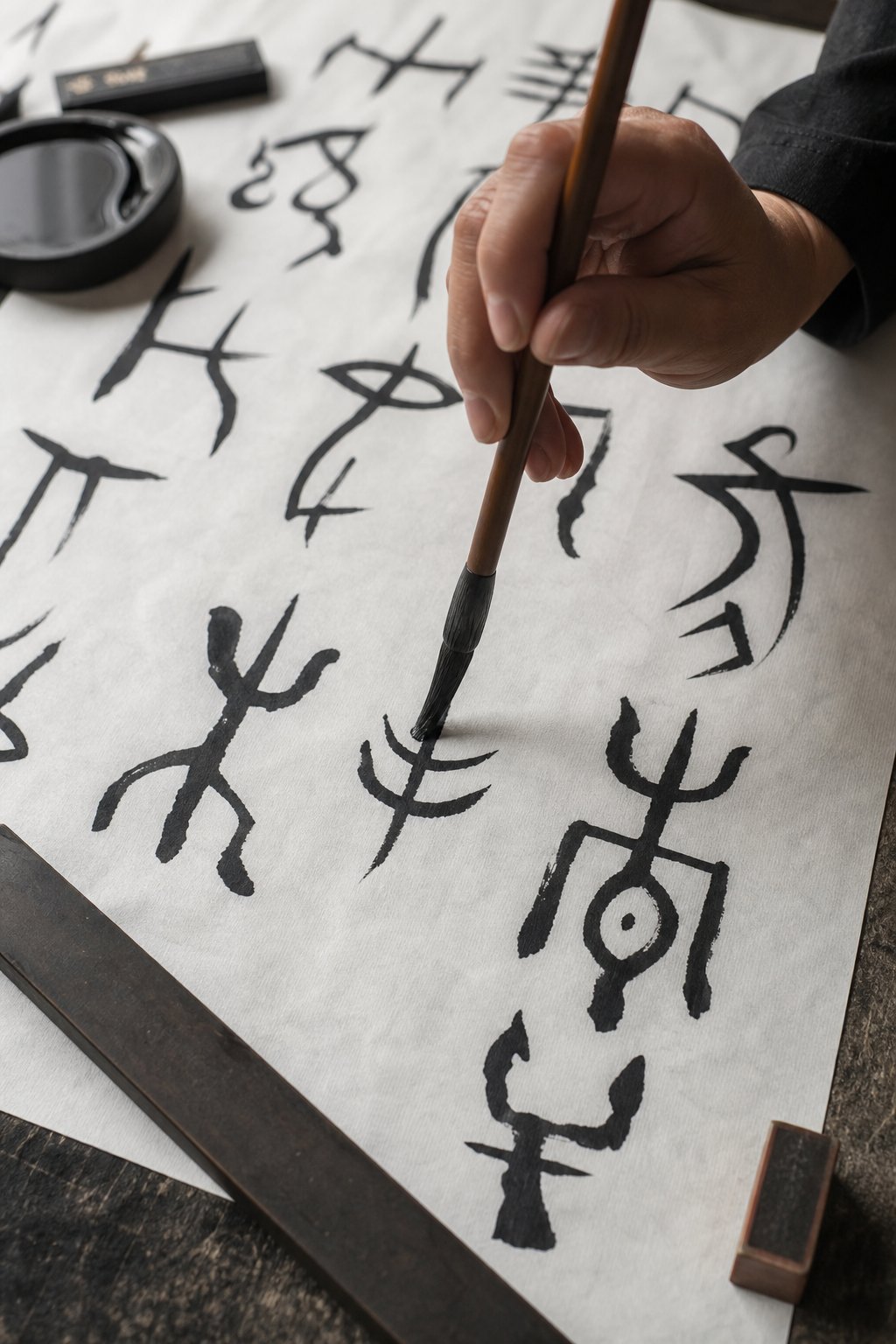 a modern calligrapher practicing oracle bone script style connecting contemporary art with ancient chinese writing traditions