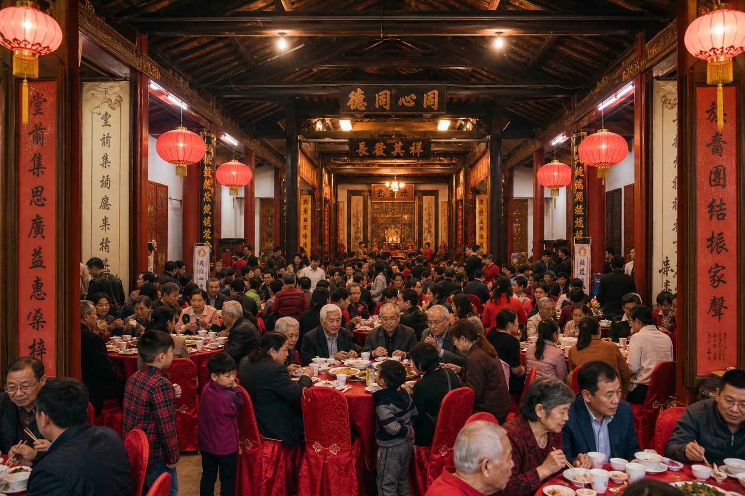 a multigenerational community gathering inside a chinese clan association hall