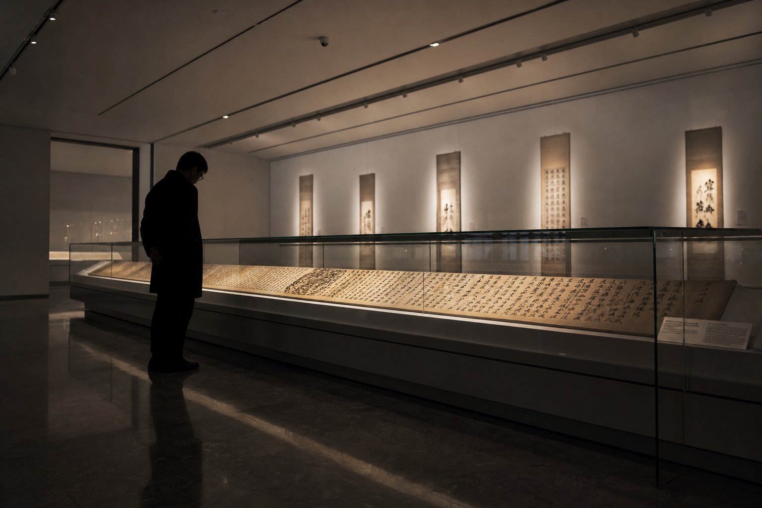 a museum visitor contemplating an ancient calligraphy handscroll experiencing brushwork preserved across centuries