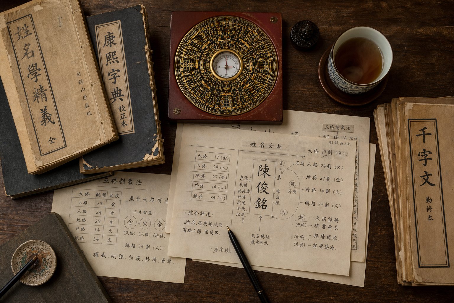 a name consultant's workspace with traditional tools used in the systematic evaluation of chinese name combinations