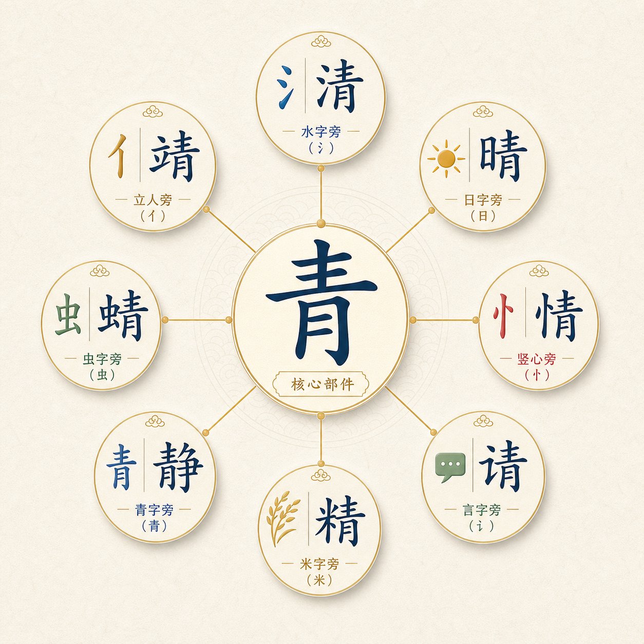 a phonetic component radiating outward to form a family of characters sharing the same pronunciation