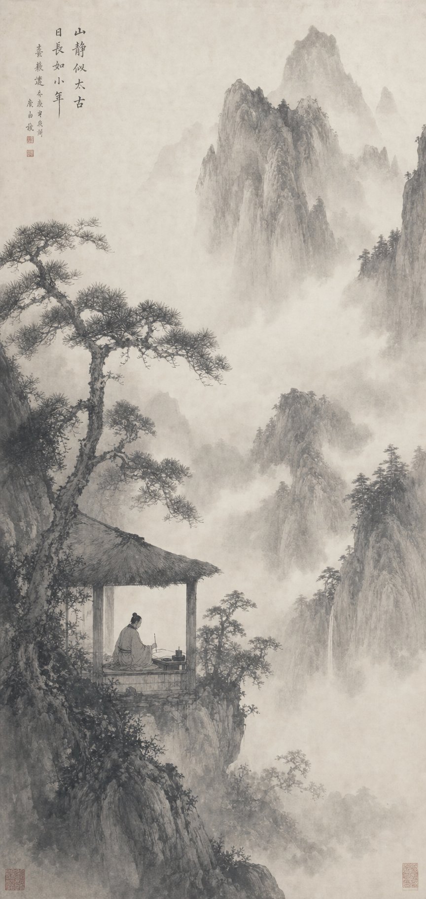 a scholar painter in a mountain retreat reflecting the daoist philosophy behind self chosen art names in chinese tradition