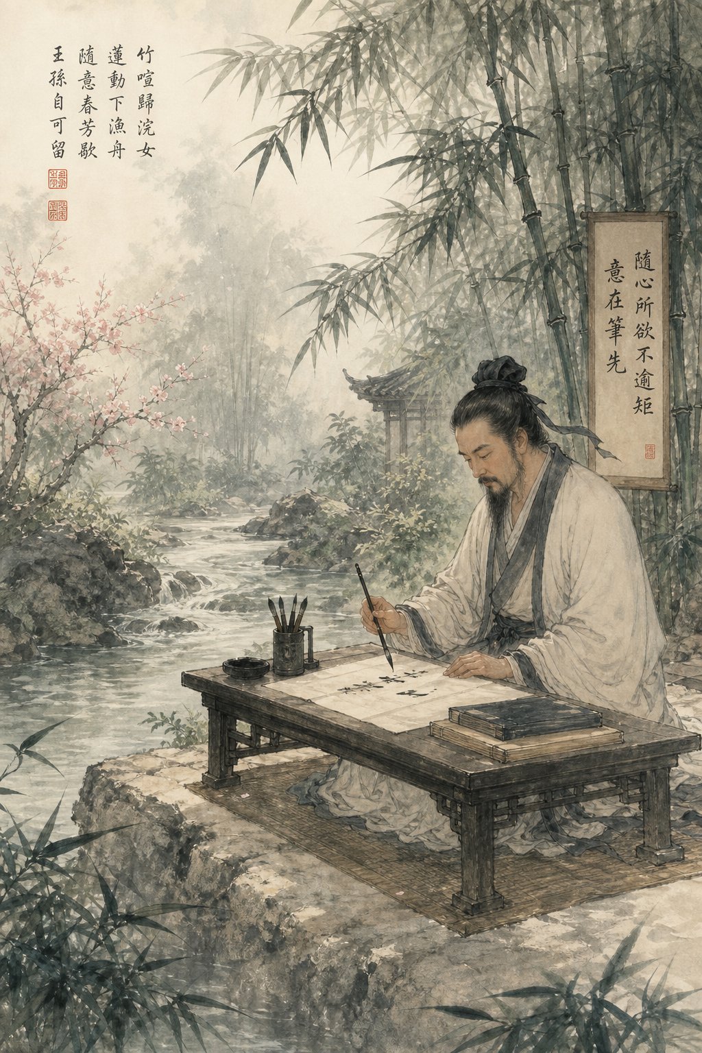 a scholar practicing calligraphy in a garden setting evoking the legendary orchid pavilion gathering of 353 ce