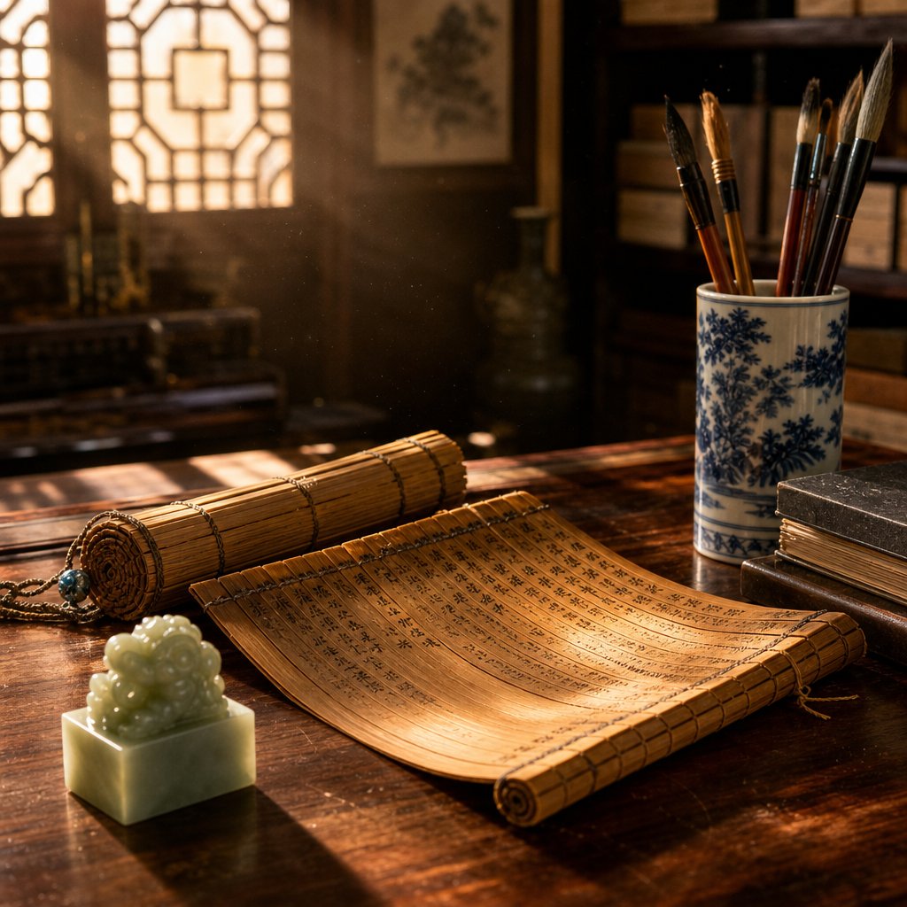 a scholar's desk representing the confucian virtues encoded in traditional chinese boy names