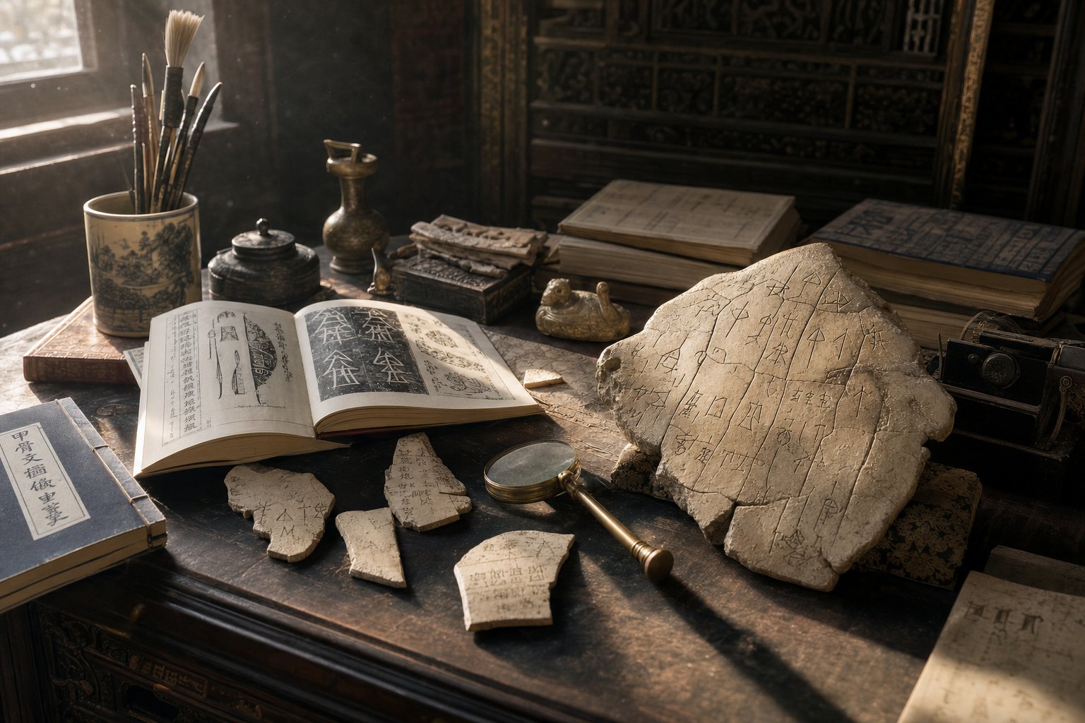 a scholar's workspace dedicated to studying and deciphering oracle bone inscriptions in the early 20th century