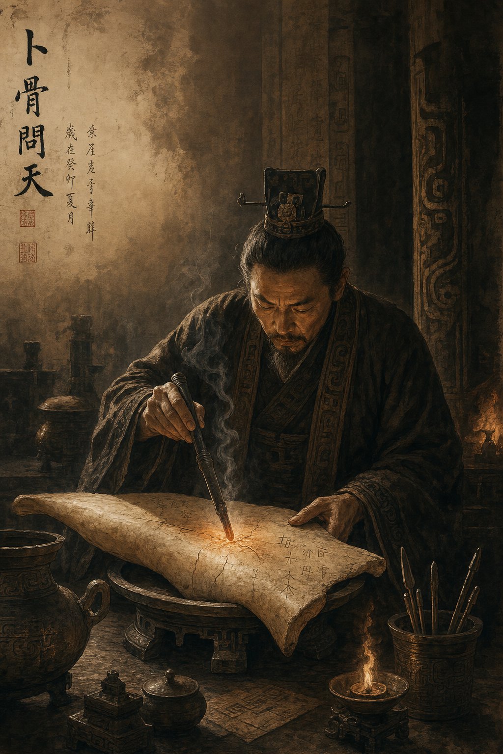 a shang dynasty diviner applying heat to a prepared oracle bone during a royal divination ritual
