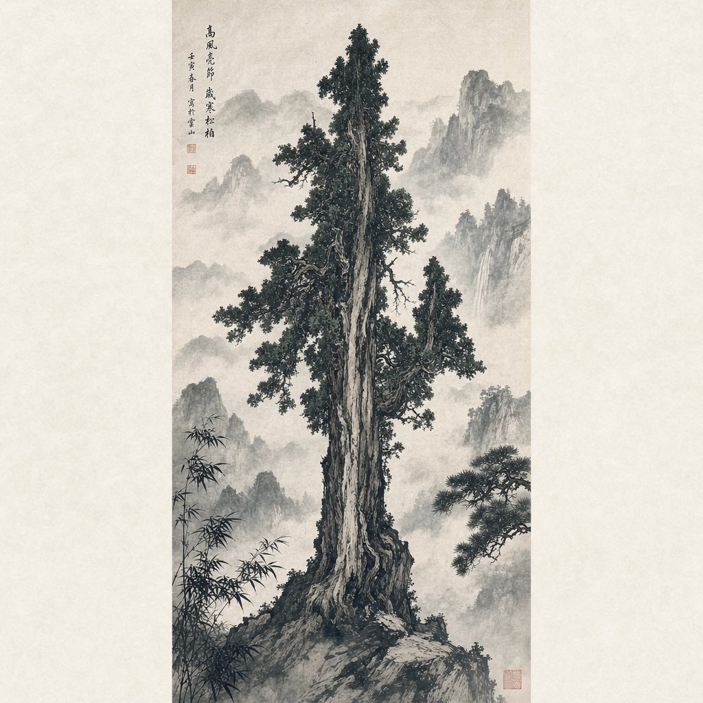 a steadfast cypress tree in ink wash style symbolizing the strength and resilience found in horse baby boy names