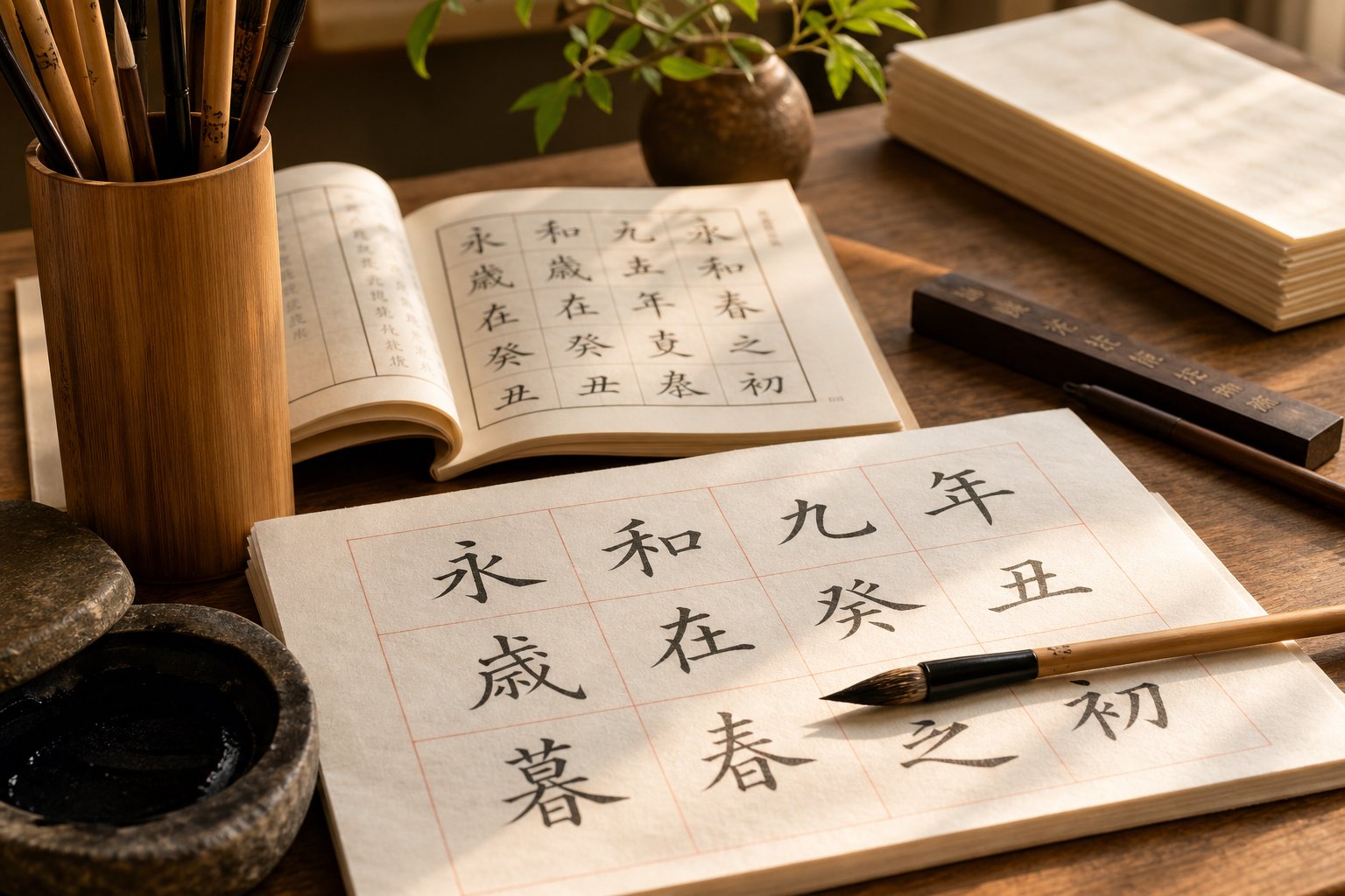 a structured calligraphy practice setup for beginners starting with regular script and traditional characters