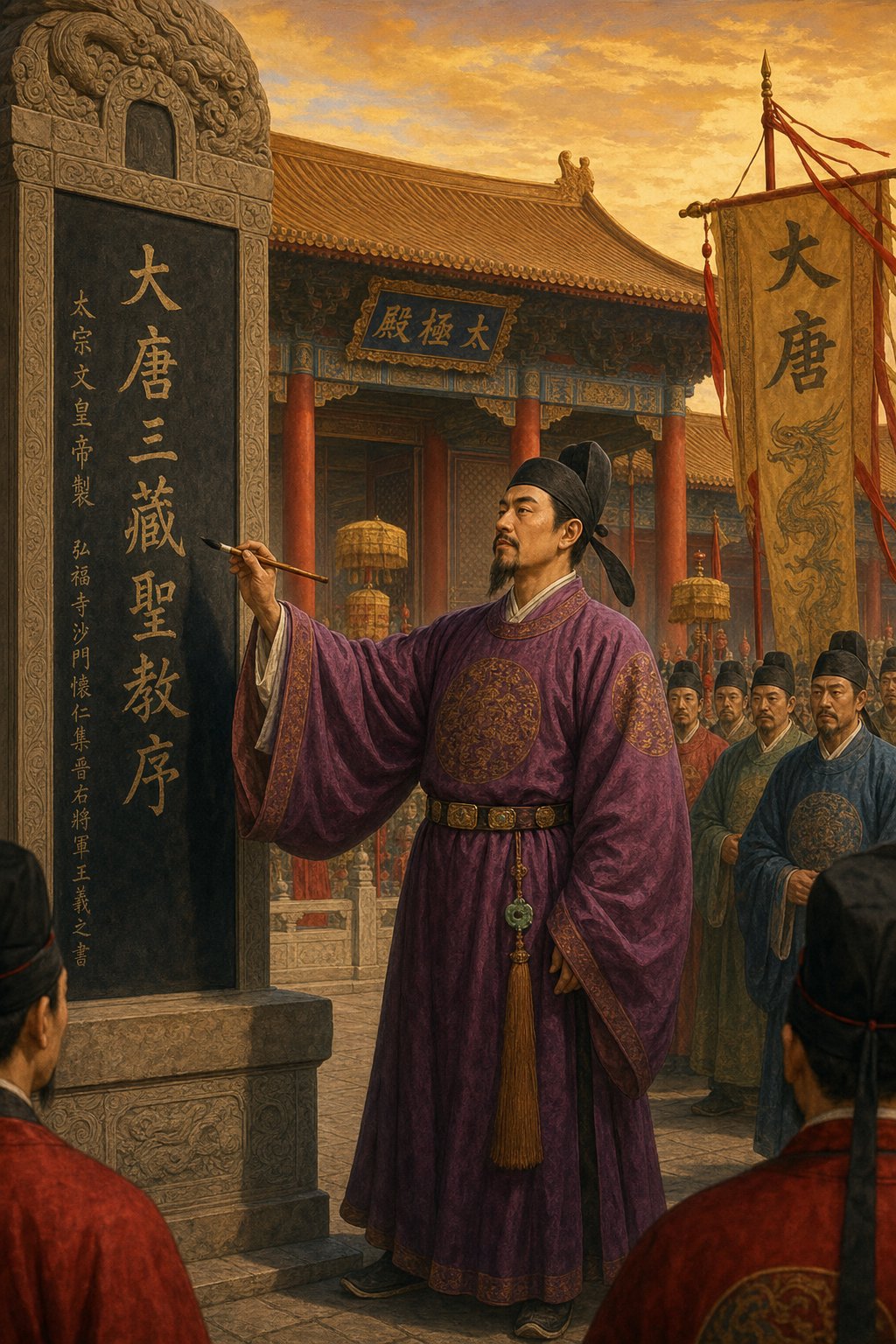 a tang dynasty scholar official practicing monumental calligraphy representing the golden age of chinese brushwork