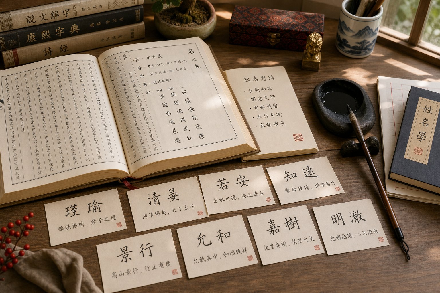 a thoughtful workspace for selecting the perfect chinese name meaning light with calligraphy tools and reference materials