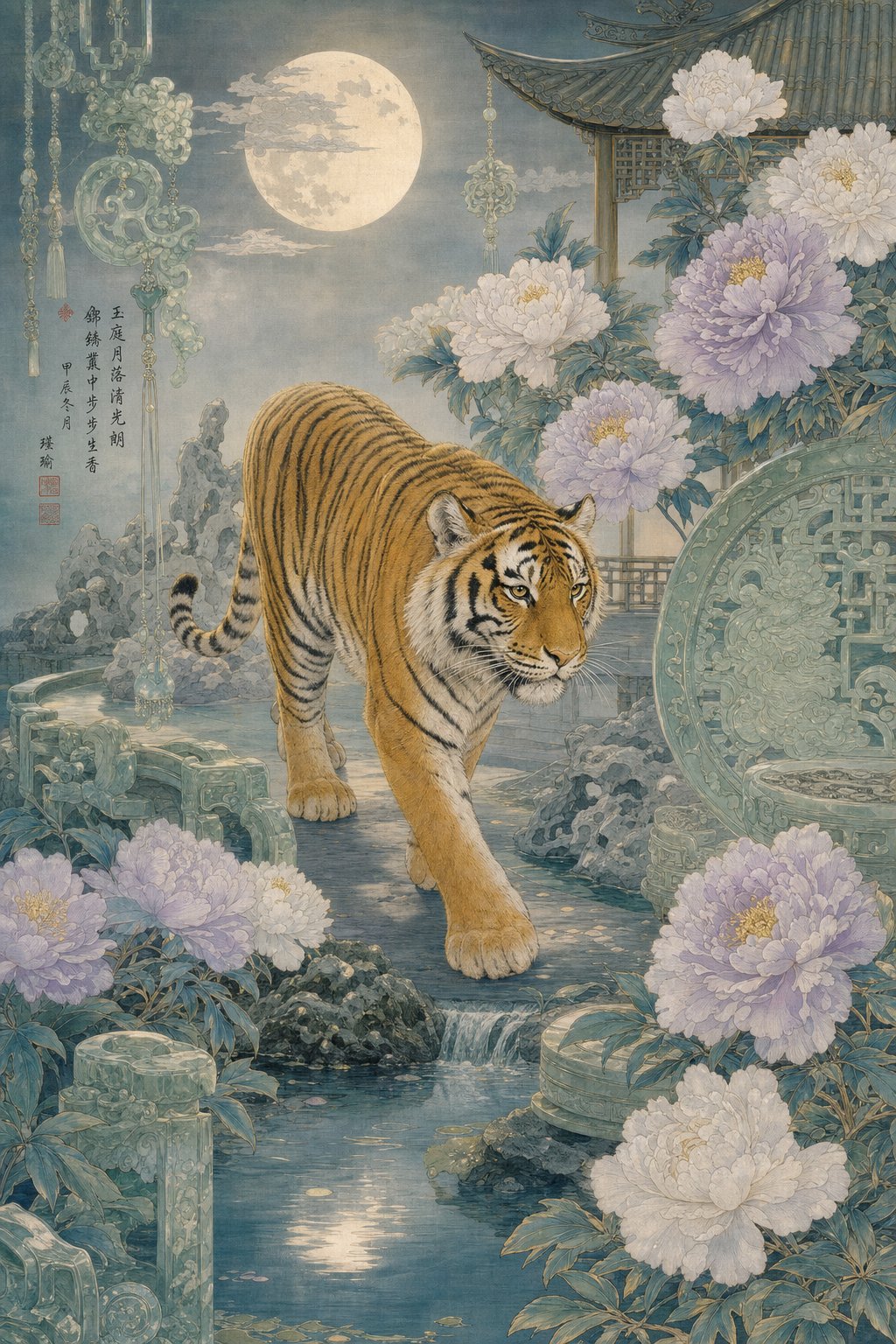 a tigress in a moonlit garden representing grace independence and quiet strength in feminine tiger names