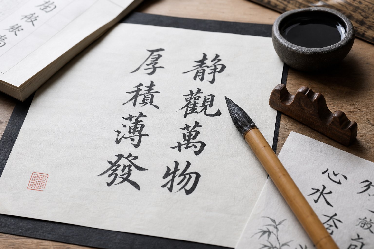 a traditional calligraphy workspace with brush and ink essential tools for creating authentic chinese character designs