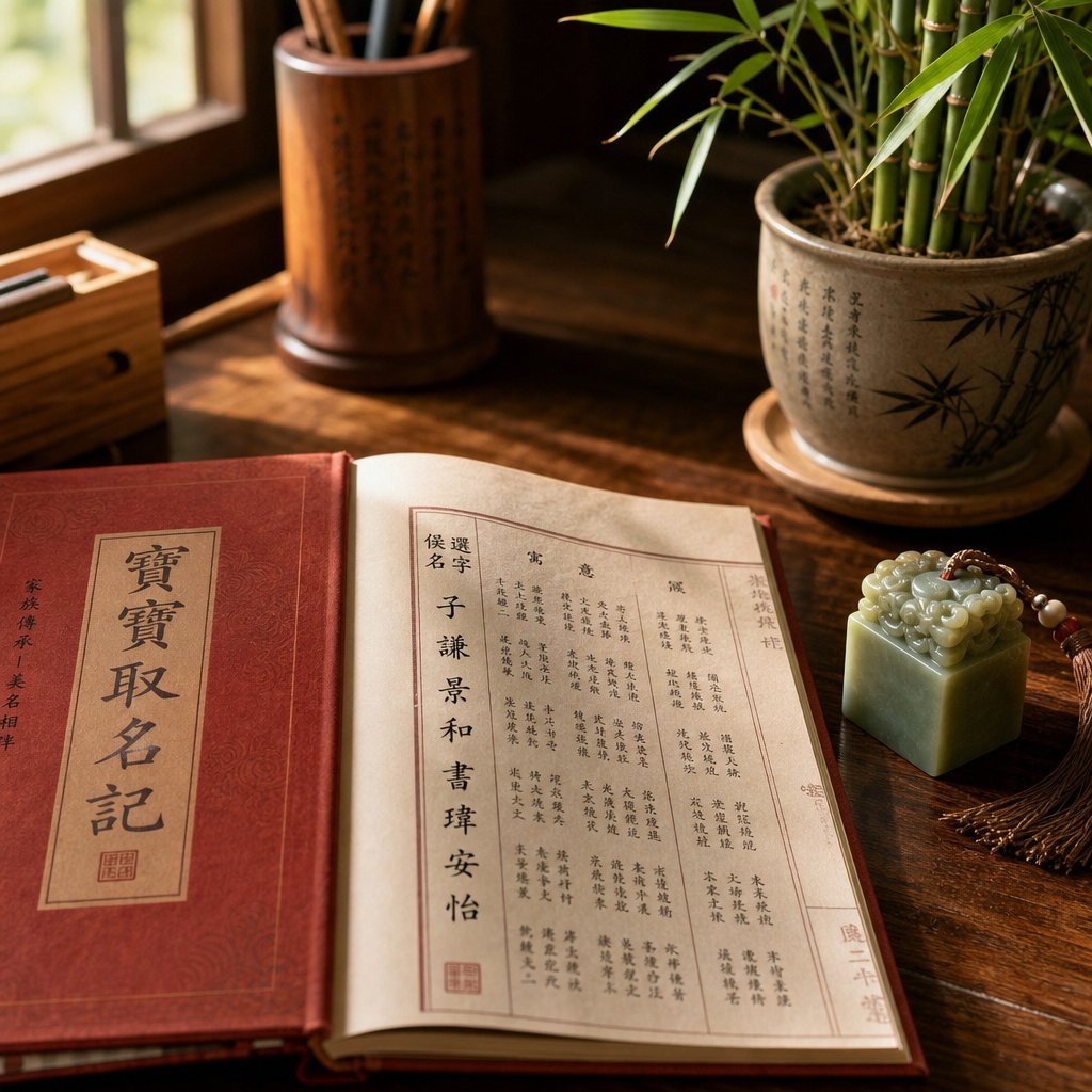 a traditional chinese naming book and jade seal representing the thoughtful process of selecting a dragon year name