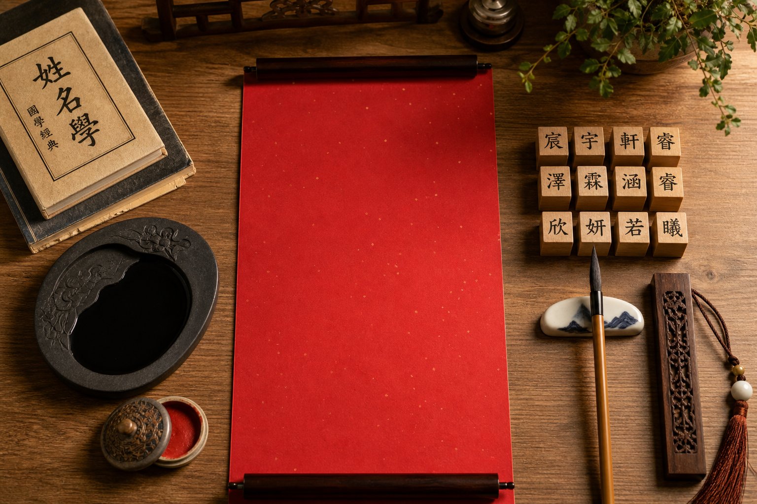 a traditional chinese naming workspace with calligraphy tools representing the careful craft of building a complete virtue name