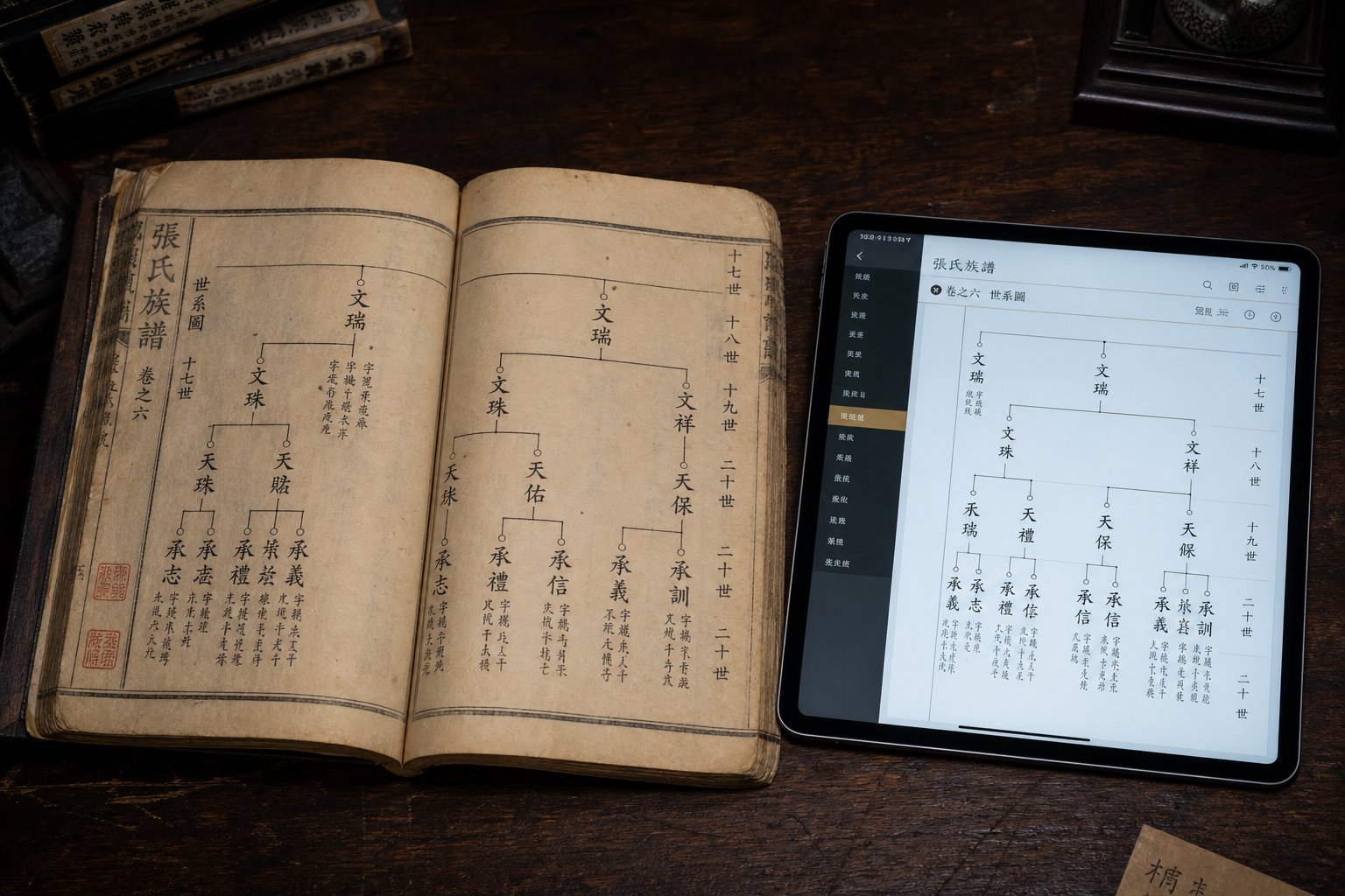 a traditional clan genealogy book alongside modern digital tools used for tracing chinese surname heritage