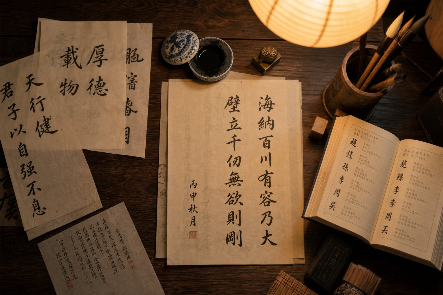 a traditional desk workspace for the thoughtful process of selecting a chinese boy name