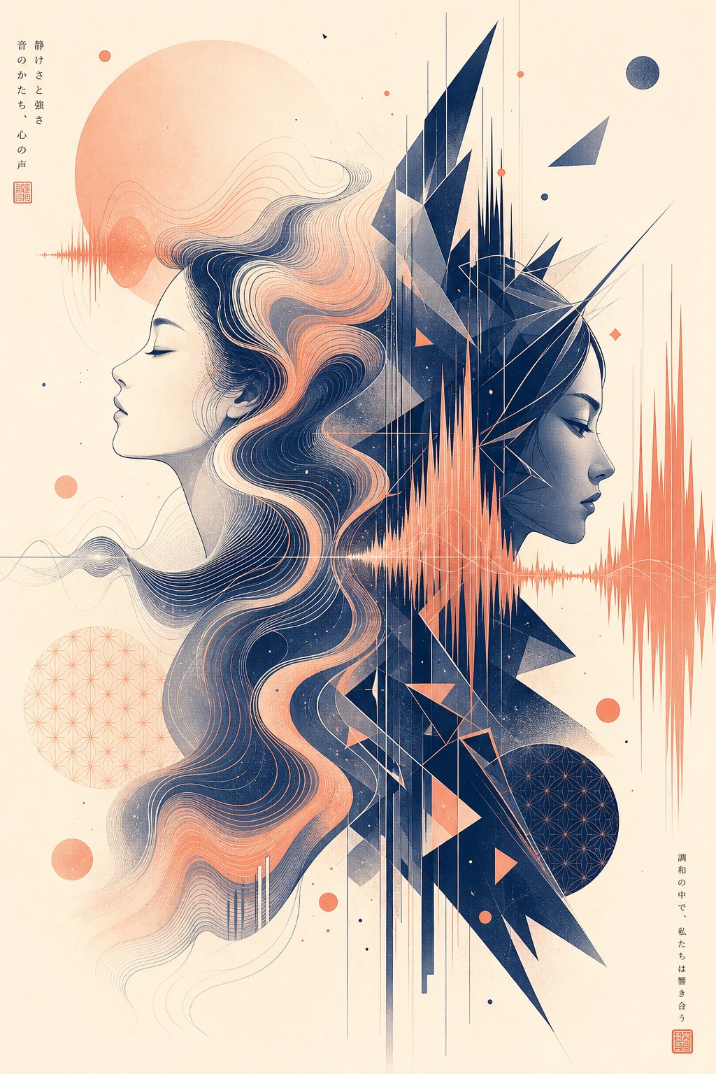 abstract sound wave patterns forming feminine profiles to represent how phonetic qualities in japanese names create distinct personality impressions
