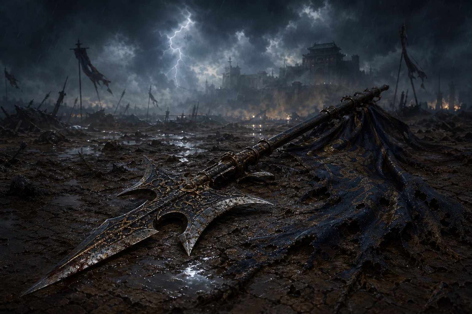an abandoned halberd and torn banner evoking the dramatic irony of names that promised loyalty but delivered betrayal