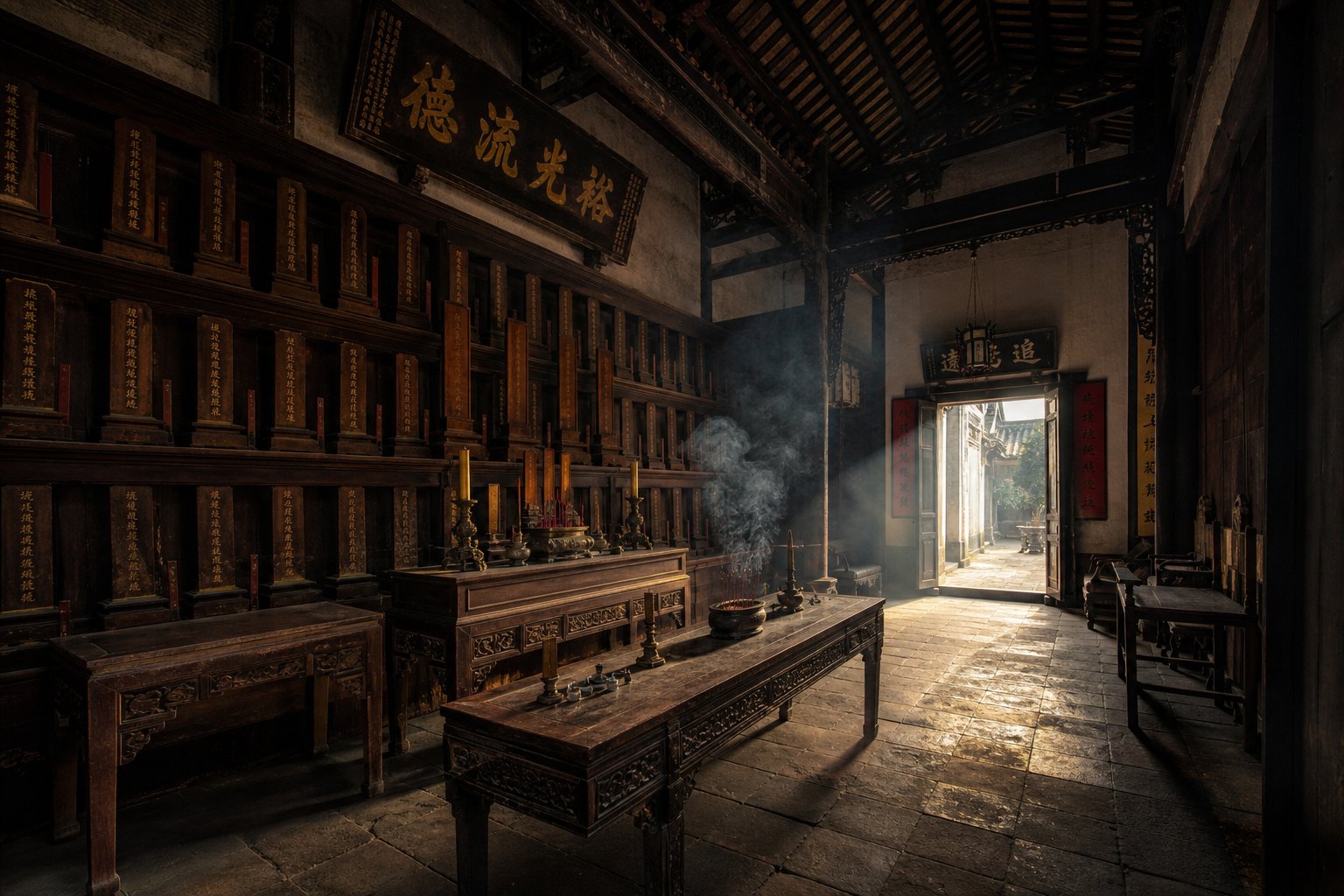 an ancestral hall where family name tablets preserve compound surname lineages across generations