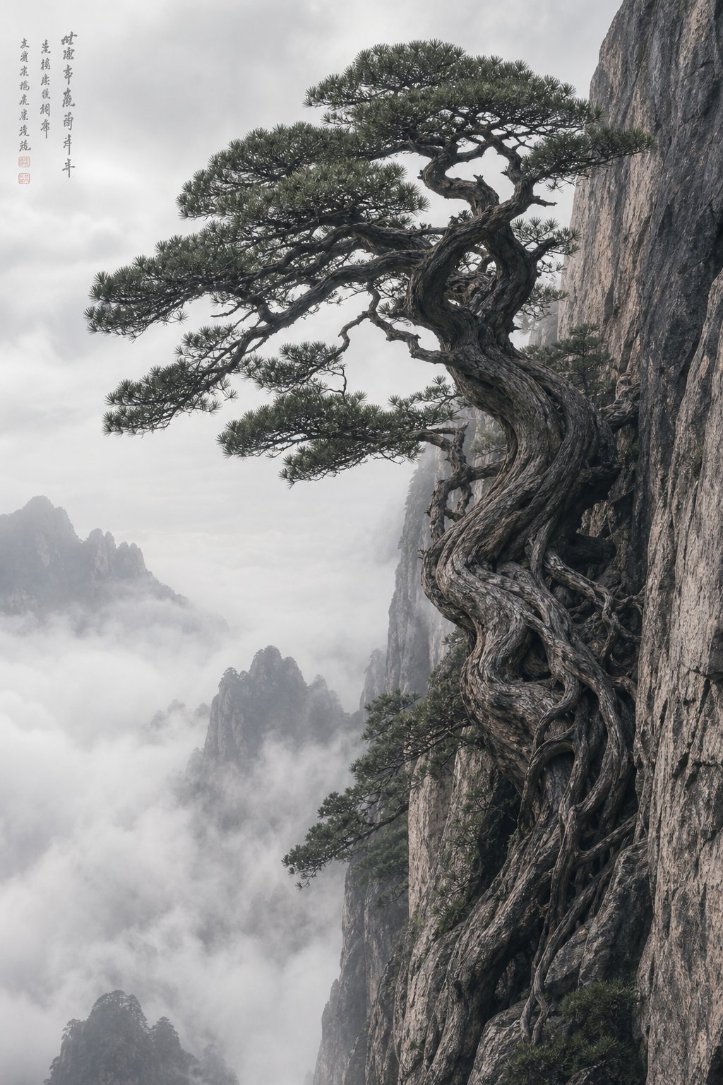 an ancient pine tree clinging to a mountain cliff symbolizing the quiet resilience and endurance prized in chinese naming tradition