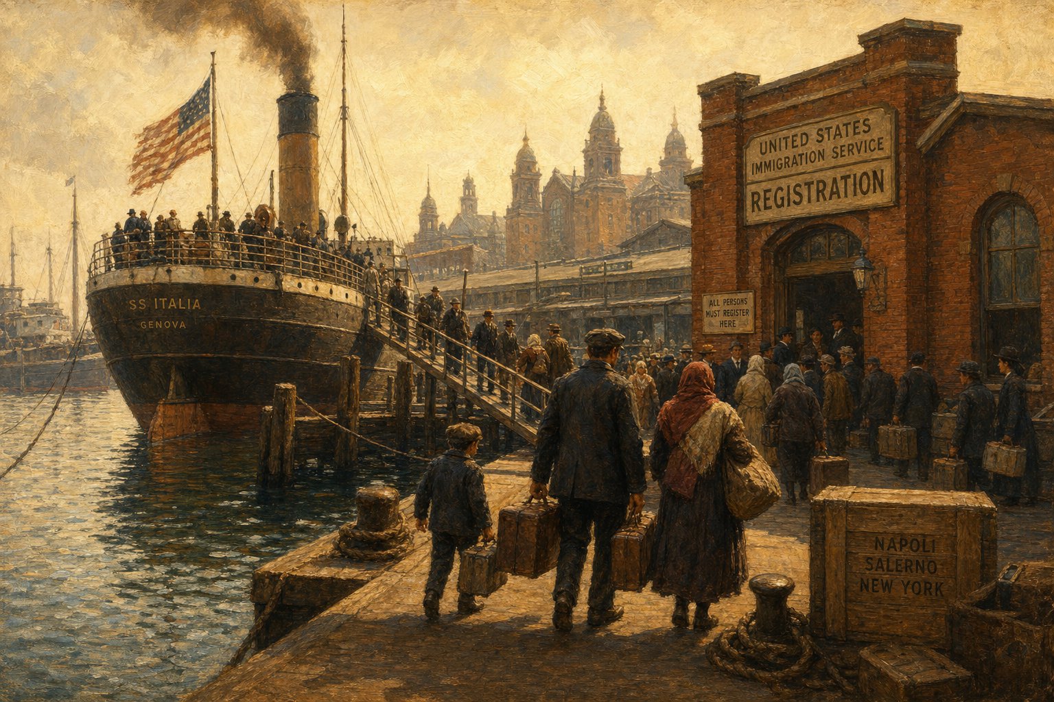 an immigration port scene reflecting how dialect differences created permanent spelling variations for the he surname abroad