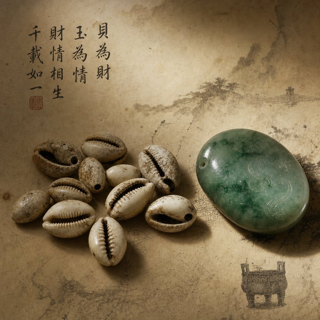 ancient cowrie shells and jade represent the etymological roots of bao bei as both material and emotional treasure