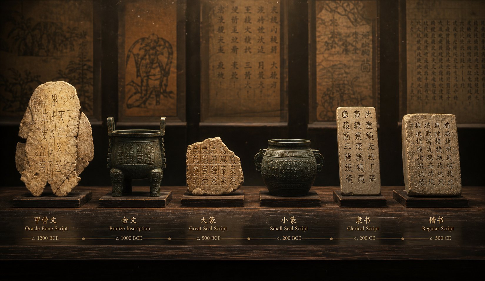 ancient oracle bones and bronze vessels representing the origins of chinese character writing over three millennia