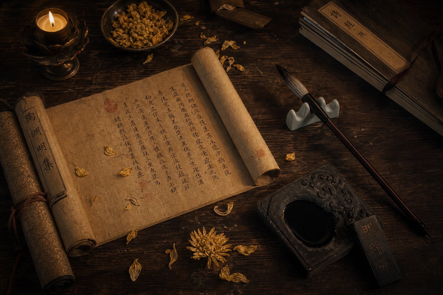 ancient poetry scrolls and calligraphy tools representing the literary heritage of chinese names