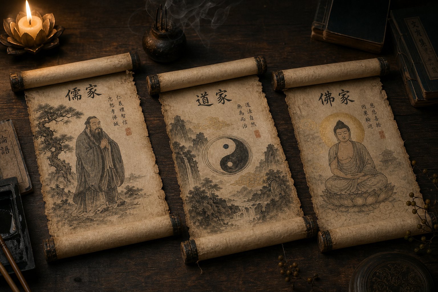 ancient scrolls representing the three philosophical traditions behind chinese virtue naming confucianism daoism and buddhism