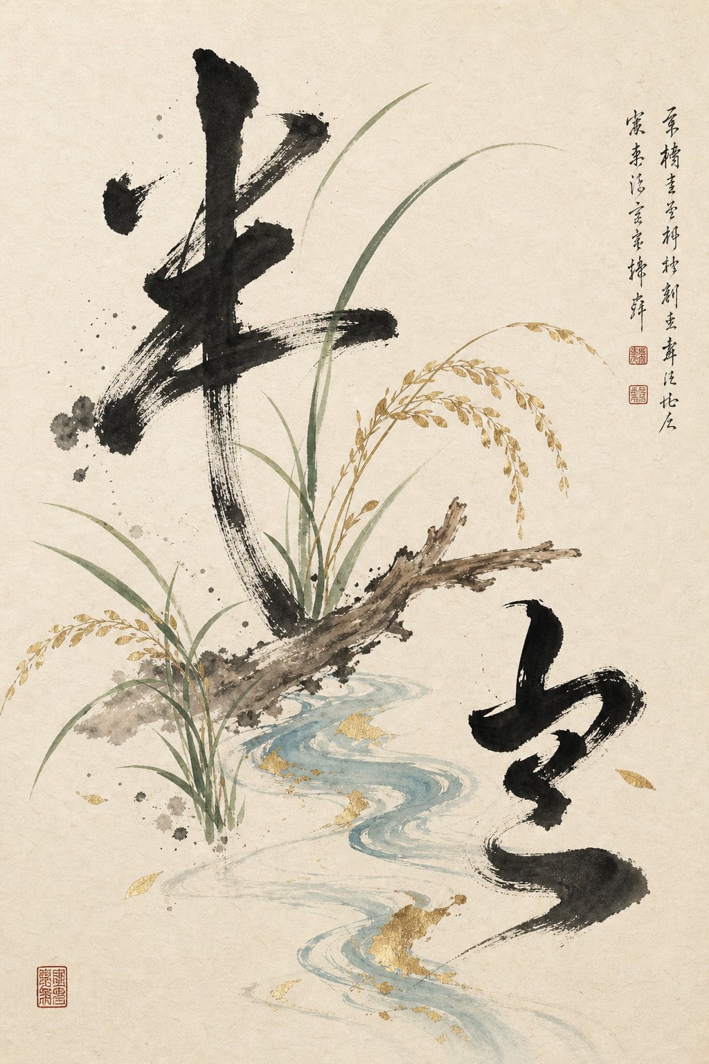 artistic representation of auspicious radicals for horse year names grass wood grain and water elements in chinese calligraphy