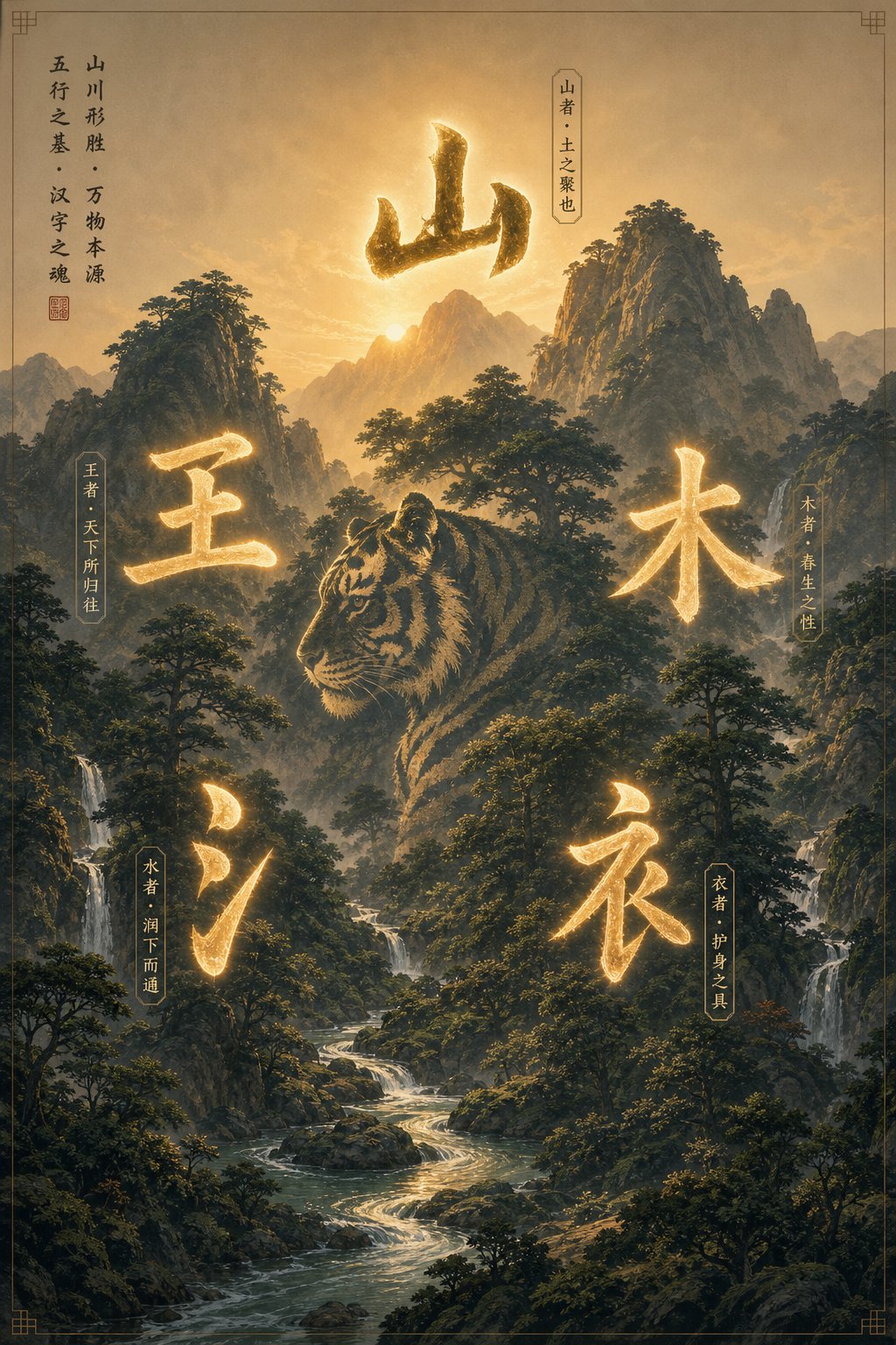 auspicious radicals for tiger year names representing mountain king wood water and clothing elements