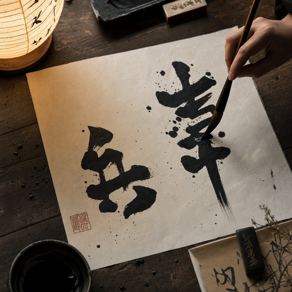 bold chinese characters being crafted with traditional calligraphy brush representing the art of building a powerful nickname