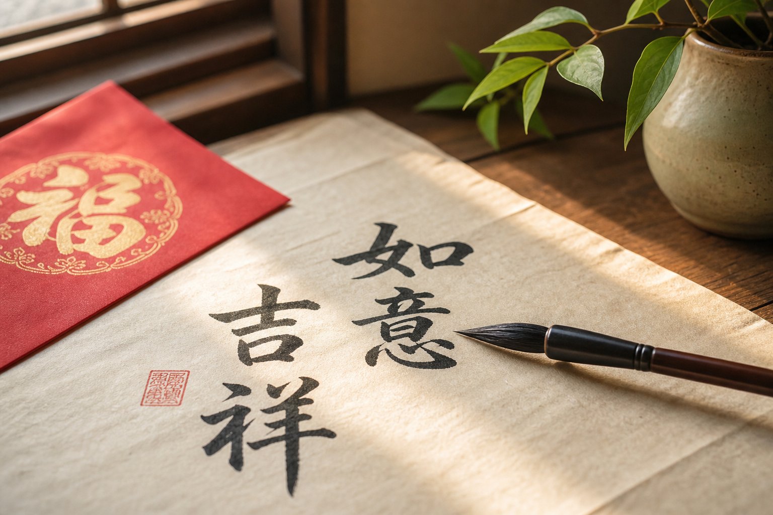 calligraphy tools and red envelopes representing practical applications of auspicious monkey year characters