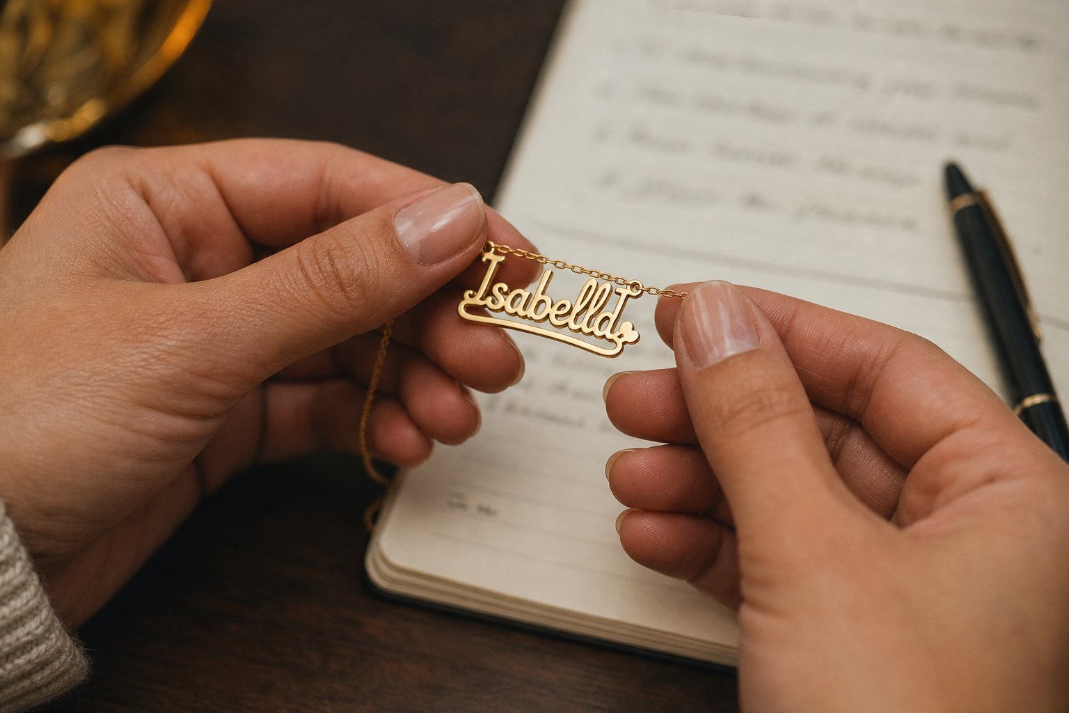carefully verifying pinyin spelling on a custom name pendant before finalizing a jewelry order