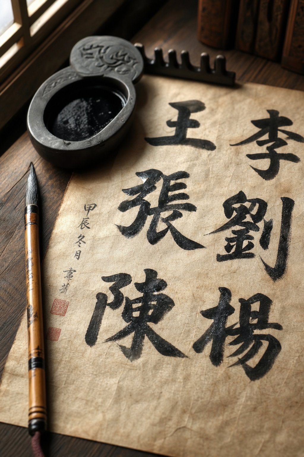 chinese calligraphy of common taiwanese surname characters on traditional rice paper with ink brush