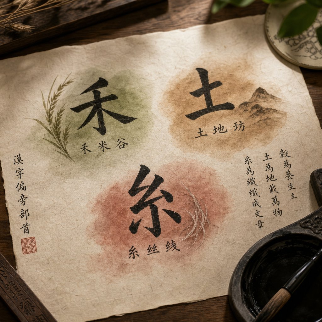 chinese calligraphy radicals representing grain earth and silk components favorable for rooster year naming