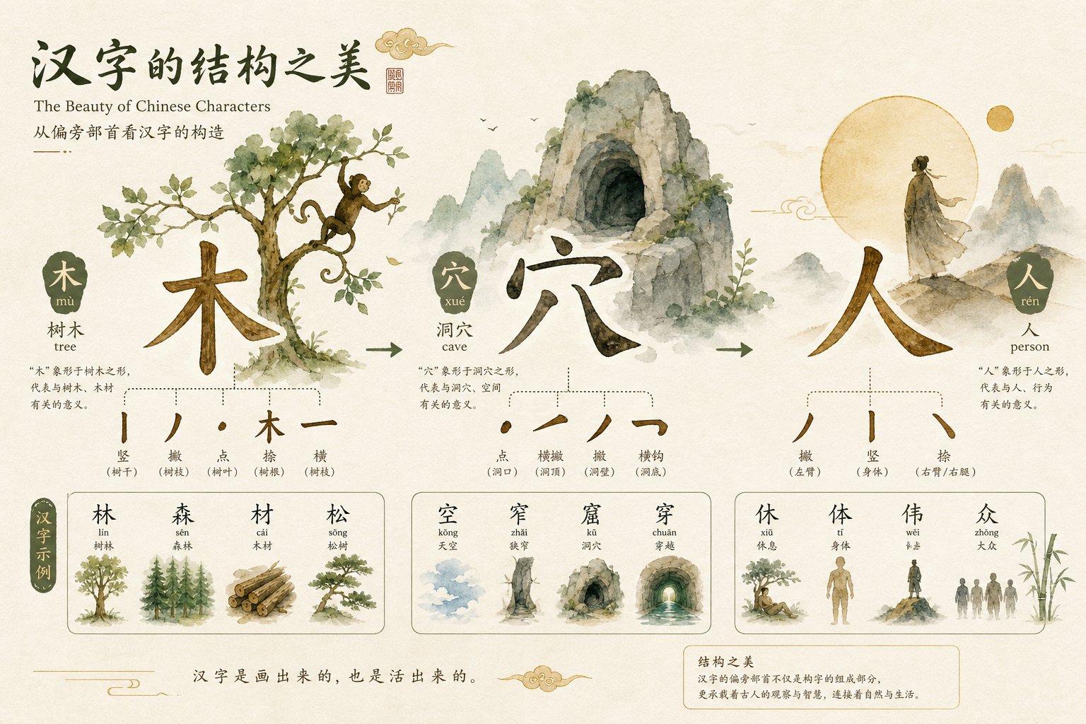 chinese character radicals favorable for monkey year natives including wood shelter and person components