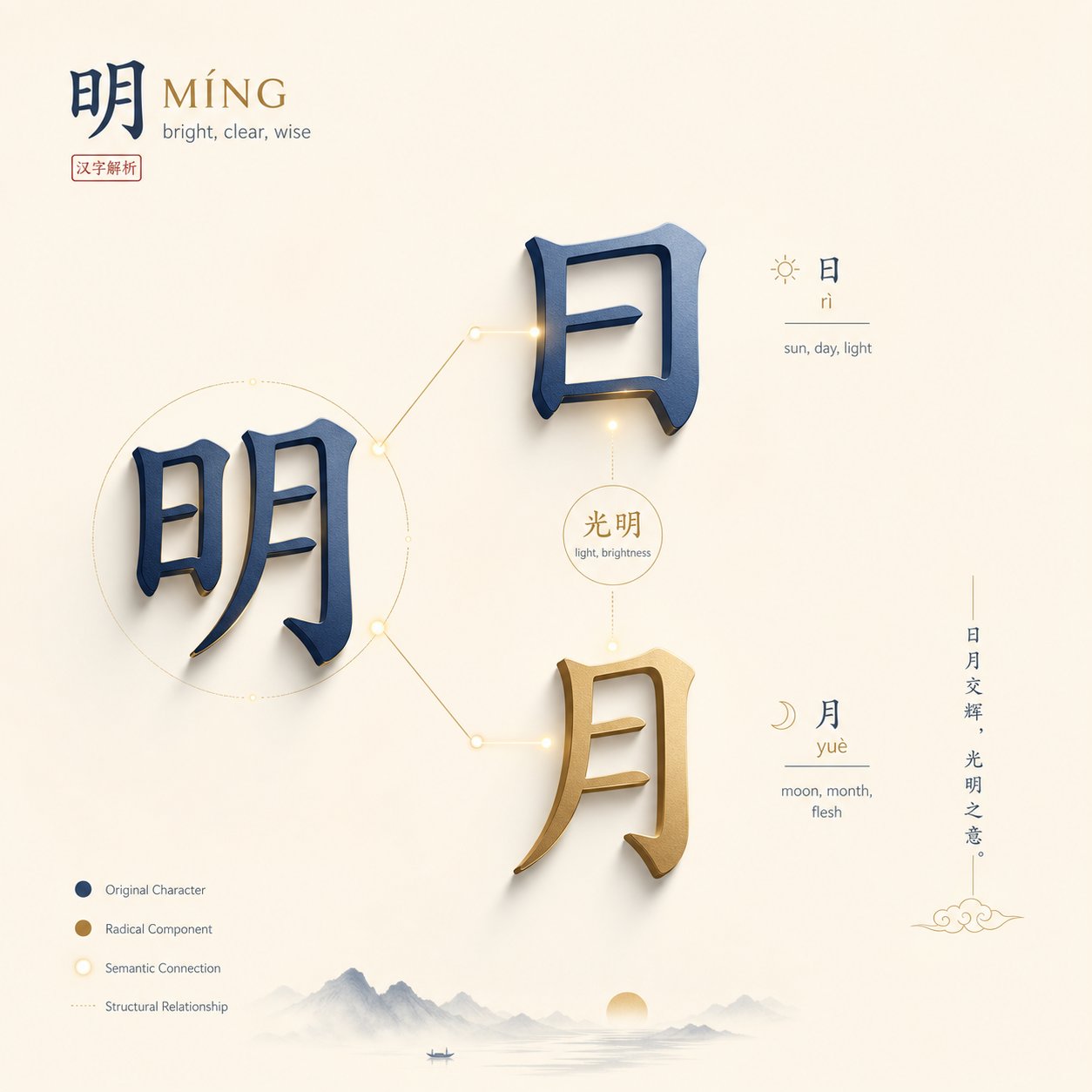 chinese character radicals separated to reveal the building blocks of meaning within a single name