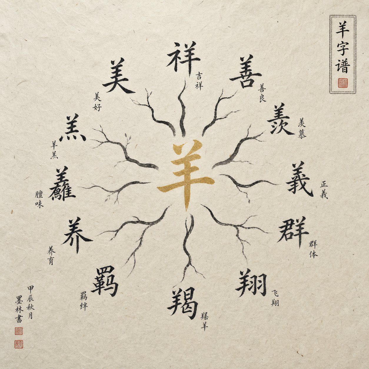 chinese characters built on the 羊 goat radical showing how one symbol seeds multiple virtuous words
