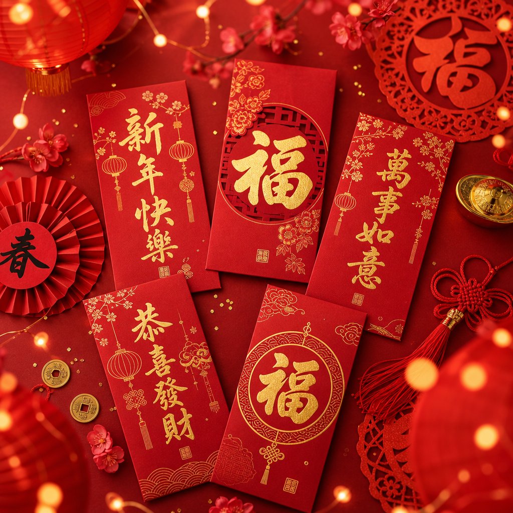 chinese cultural characters like 福 (blessings) appear on red envelopes and festive decorations during celebrations