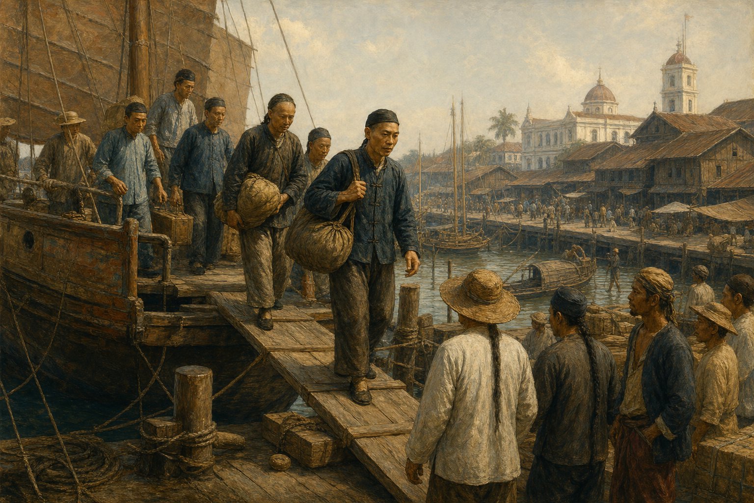 chinese immigrants arriving at a colonial era southeast asian port where clan networks awaited them