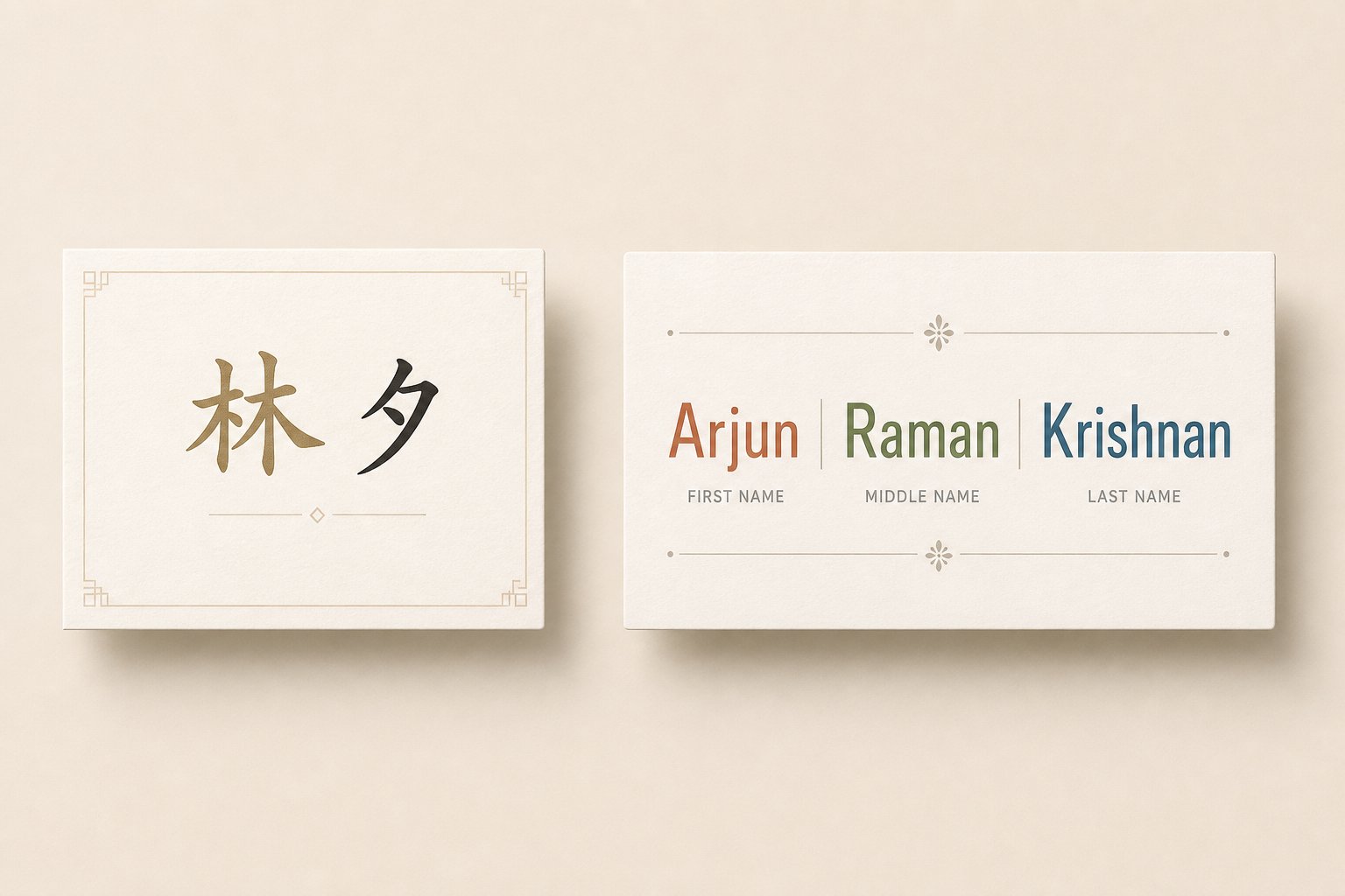 chinese names use a compact surname first structure while indian names vary widely in length order and components by region
