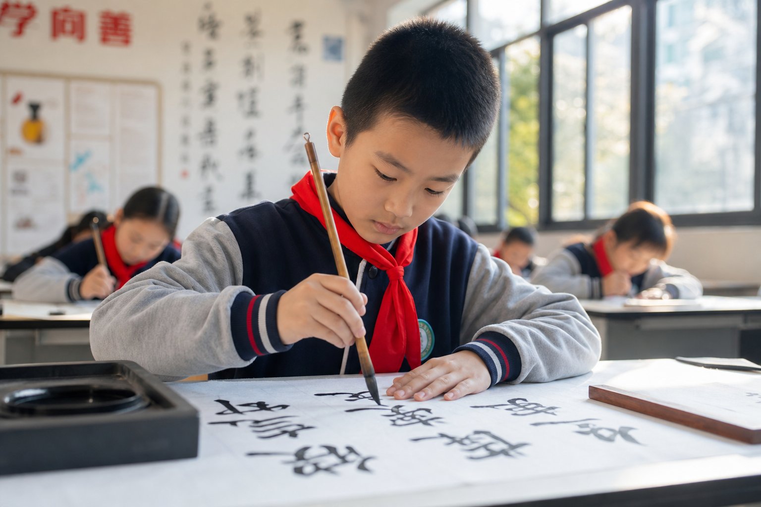 chinese students learning calligraphy in school as part of efforts to preserve the art for future generations