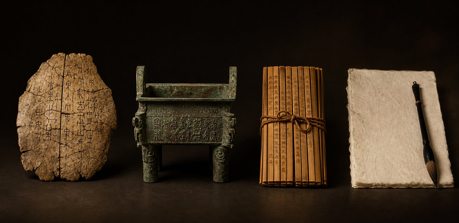 chinese writing evolved across different materials from oracle bones and bronze to bamboo and paper over three millennia