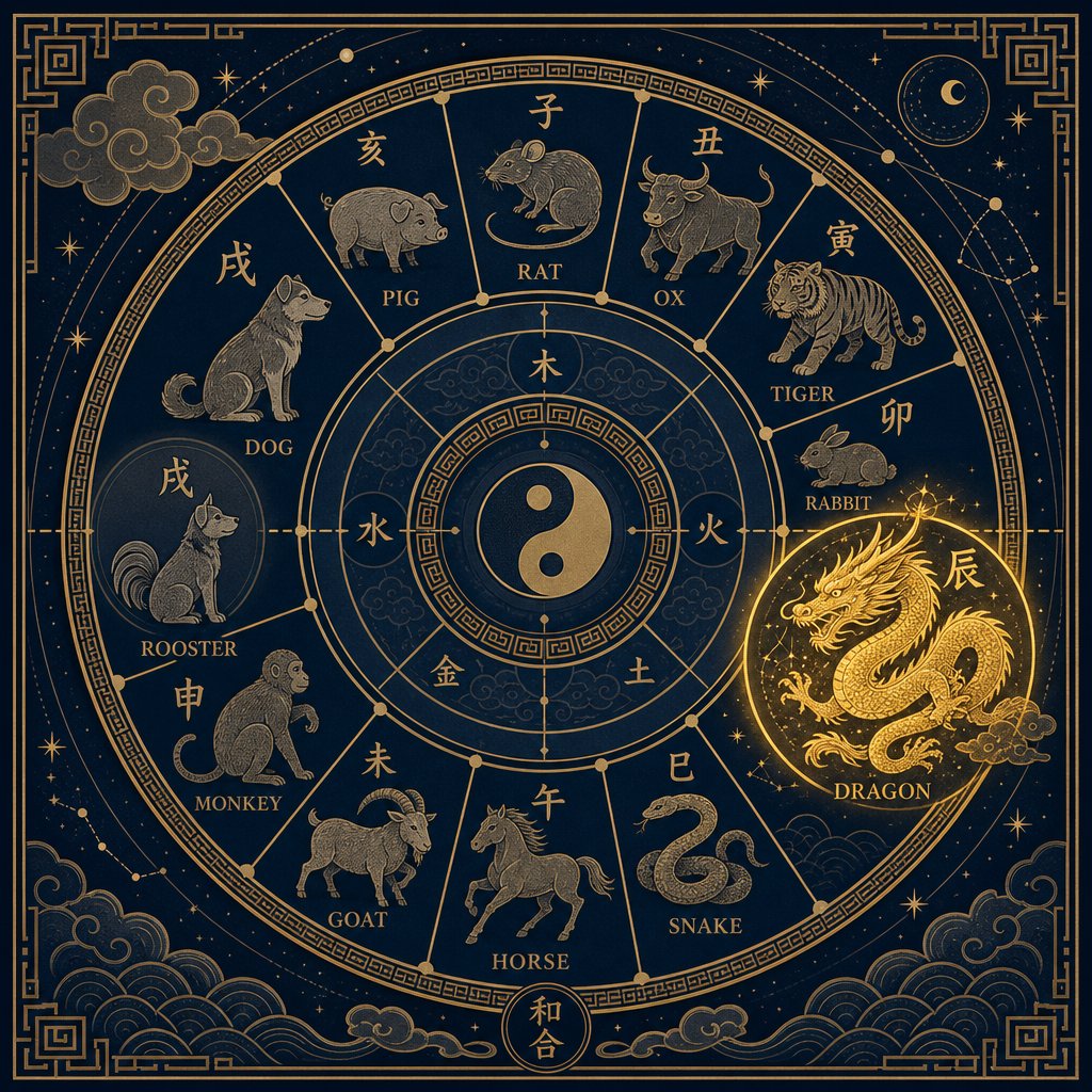 chinese zodiac wheel highlighting the dragon dog opposition that influences which characters to avoid in naming