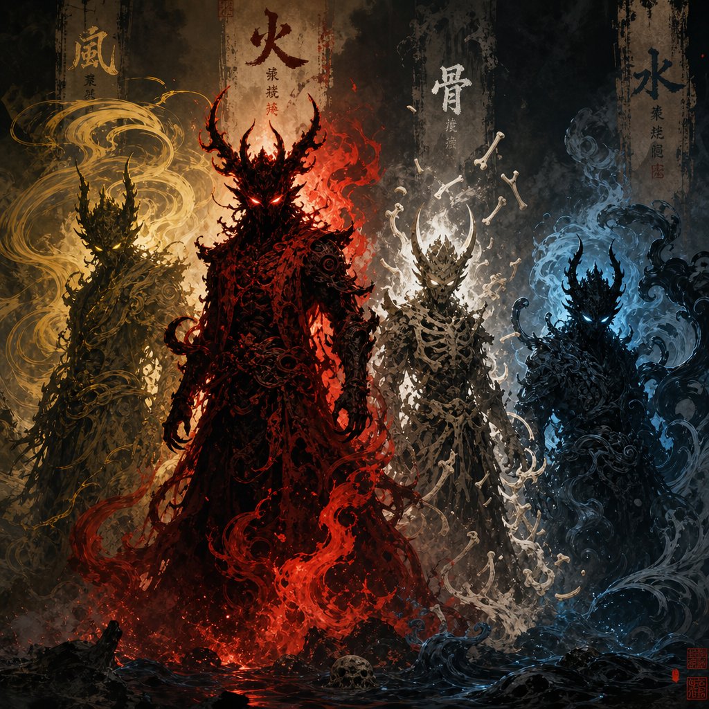 color coded demon antagonists from journey to the west whose names reveal their elemental powers and true forms